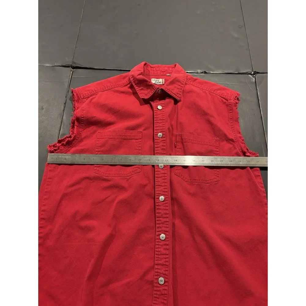 Vintage Levi's Jeans Red Denim Sleeveless Button-Up Shirt Red Large